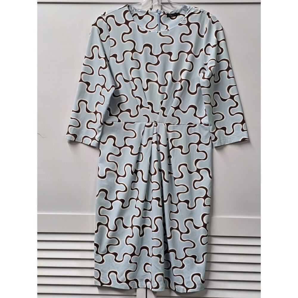 J McLaughlin Medium Blue Brown Sheath Midi Dress 3/4 Slv Jigsaw Mia Catalina